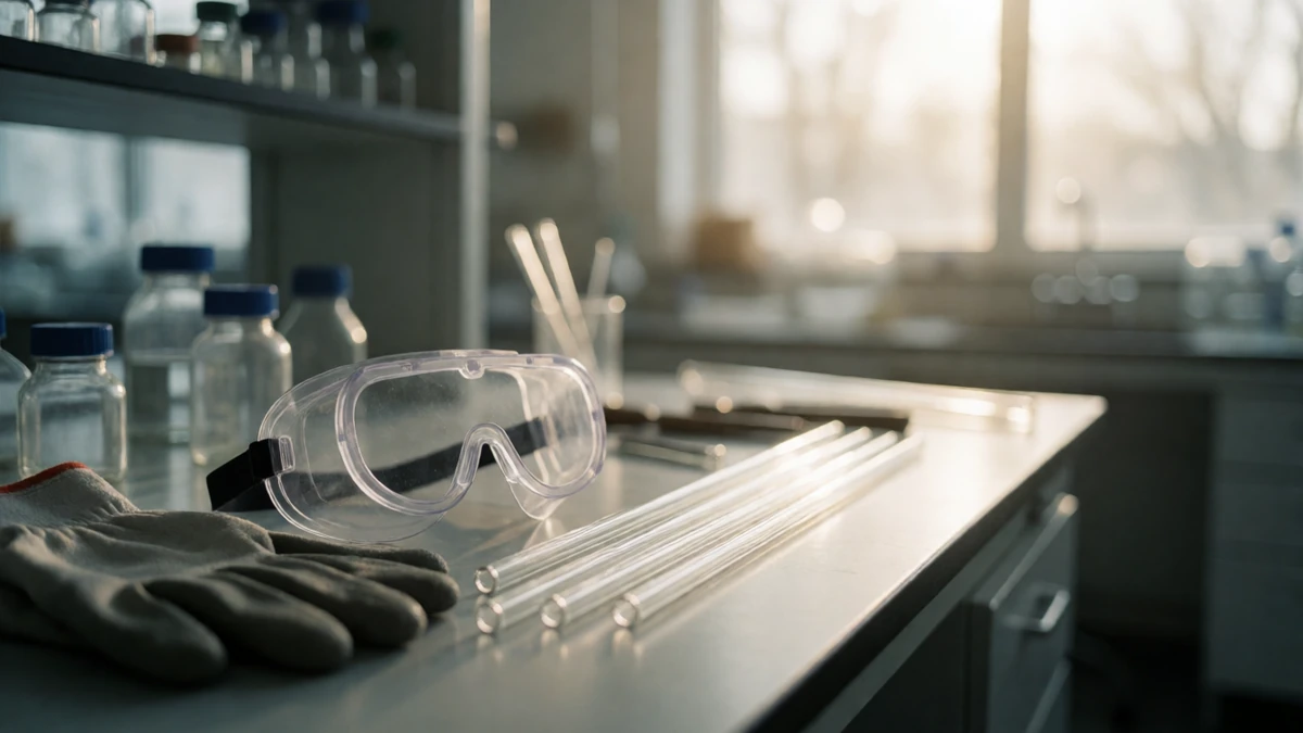 A safe and organized workspace featuring essential safety gear and glass tubing.