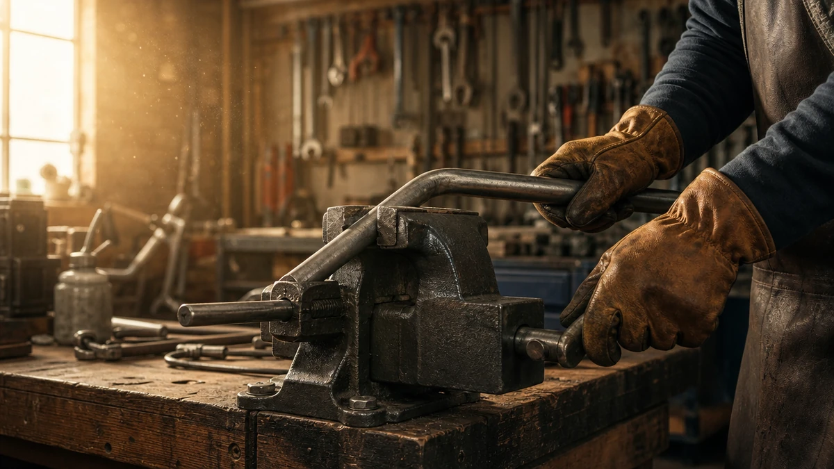 A metalworker using leverage and a sturdy bench vice to bend a solid steel rod.