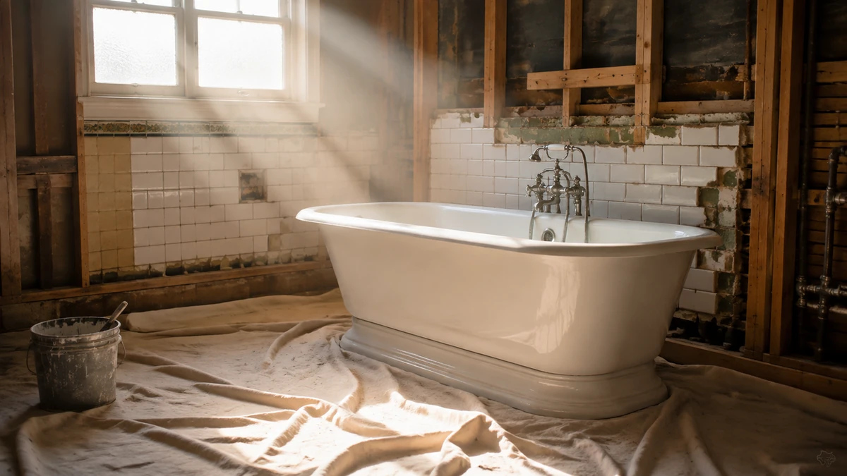 A classic cast iron bathtub prepped inside a bathroom renovation workspace.