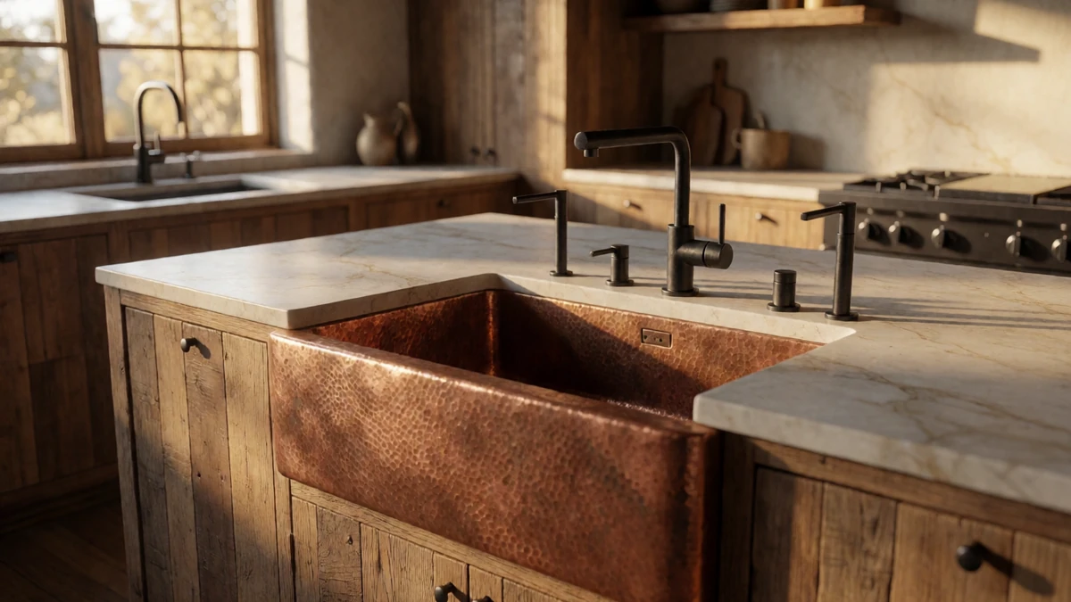 A luxury kitchen featuring a centerpiece hammered copper sink in a modern setting.