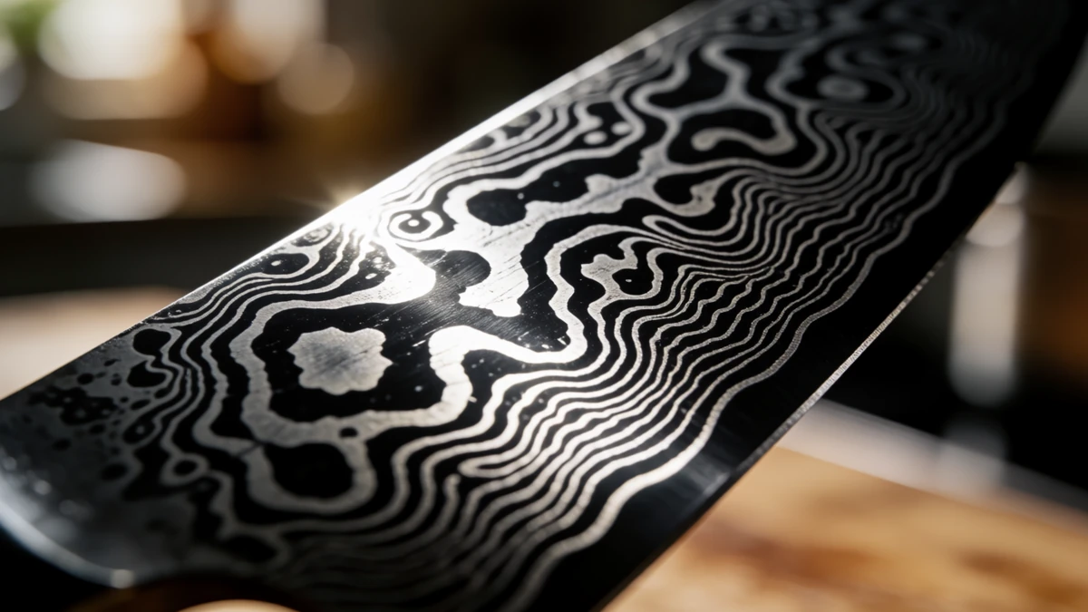 The signature wavy pattern of a high-quality Damascus steel blade.