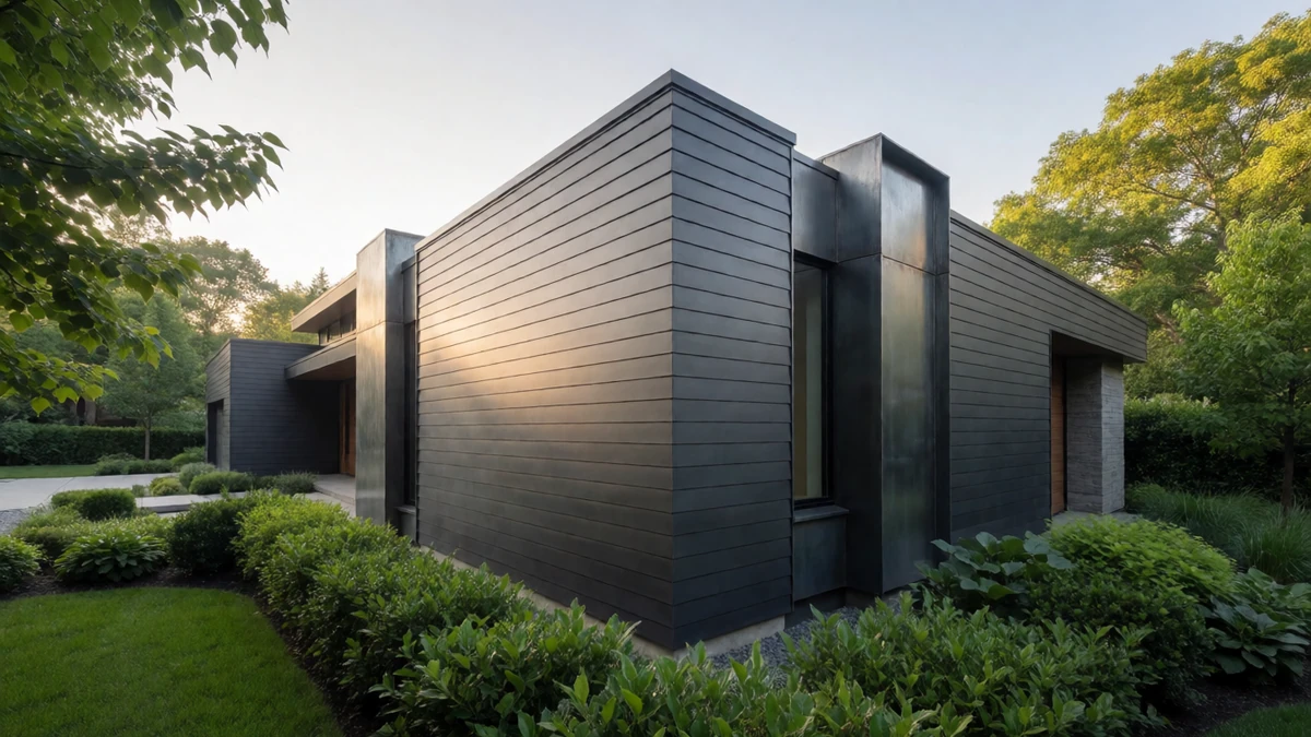 A modern home featuring clean, well-maintained metal siding.