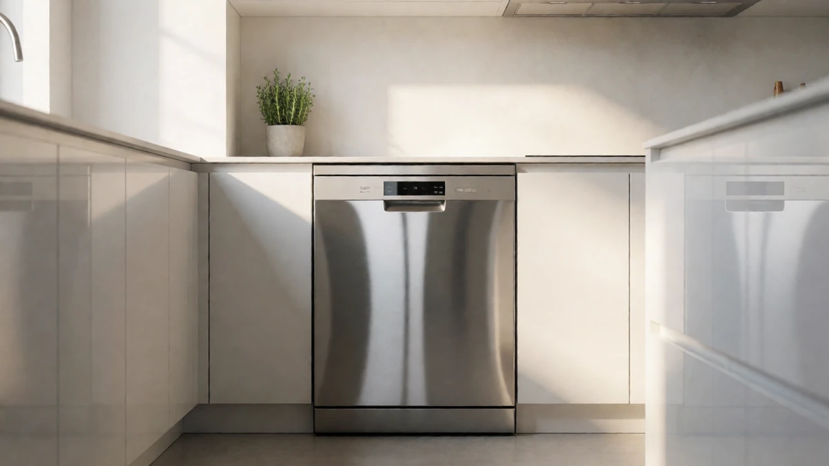 A perfectly clean and sparkling stainless steel dishwasher in a modern kitchen.