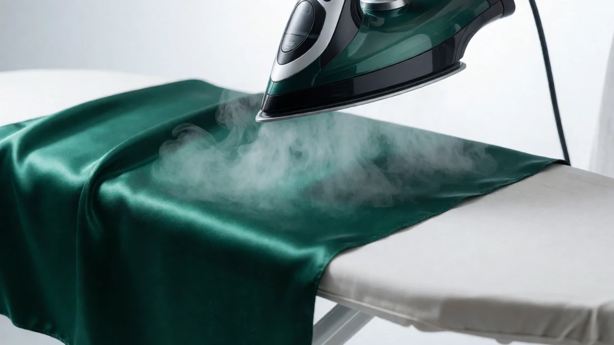 Professional steam iron smoothing delicate silk fabric with gentle mist.