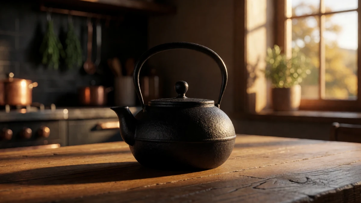 A perfectly seasoned cast iron kettle glowing in the morning light.