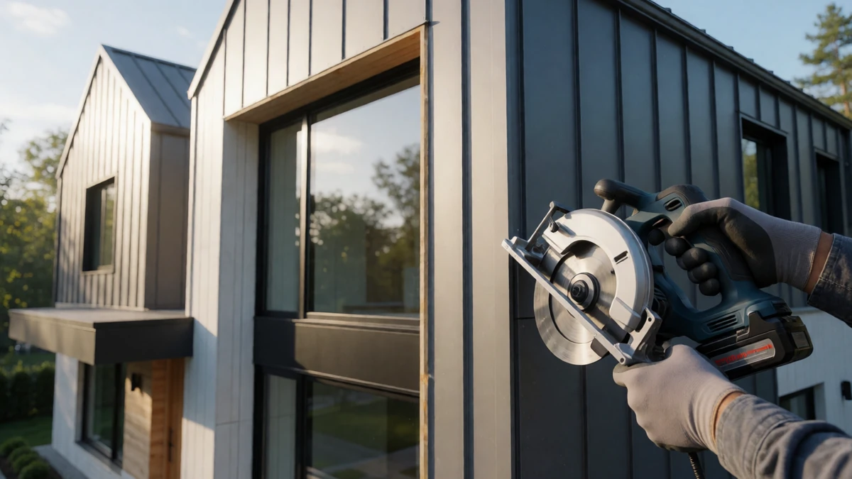 A professional installation of modern matte onyx metal siding around a window frame.