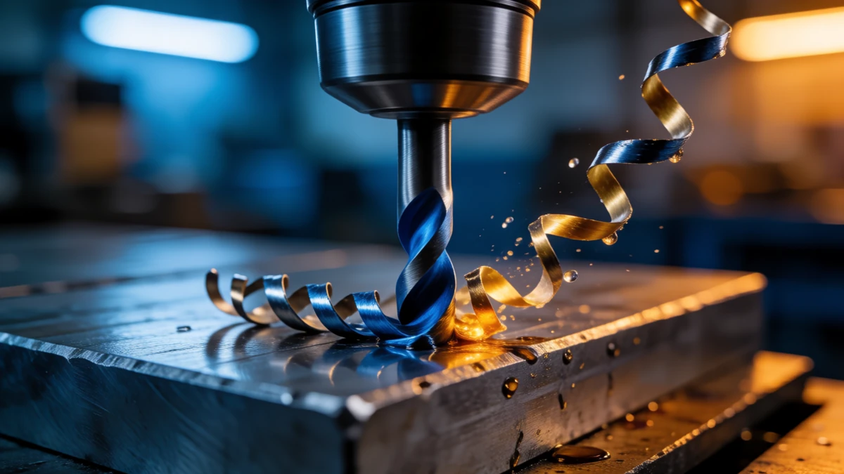 A close-up view of the drilling process showing proper lubrication and metal shaving removal.