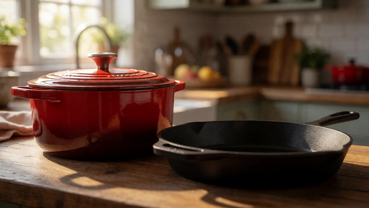A comparison between the smooth, glass-like finish of enameled cast iron and the matte surface of raw cast iron.