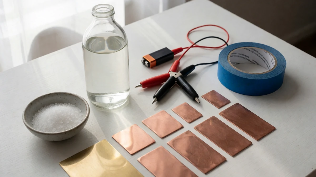 Essential materials for vinegar and salt metal etching, including copper blanks and a DC power source.