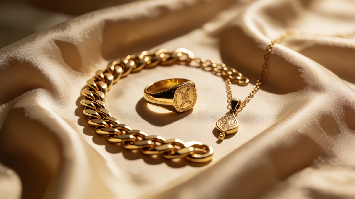 Elegant gold-plated jewelry showing a mix of high luster and soft, natural wear.