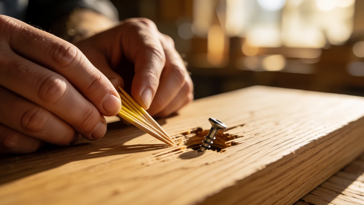 The common problem: a stripped screw hole being prepped for the toothpick and glue hack.