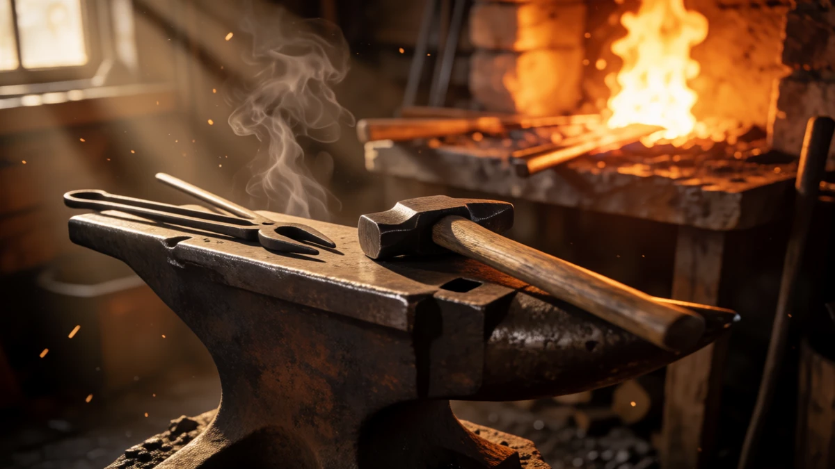 A professional blacksmith's anvil and glowing forge prepared for sword making.