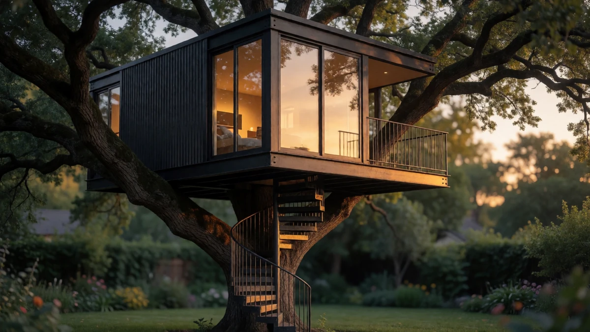 A modern, industrial-chic metal tree house serves as a durable backyard sanctuary.
