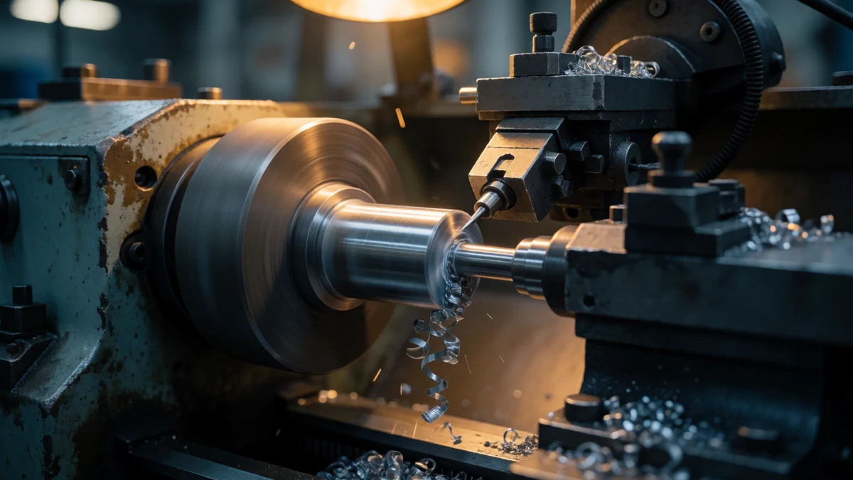 A metal lathe performing a precision turning operation on a steel workpiece.