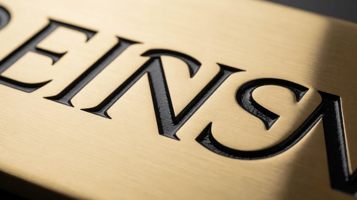 A professionally finished brass plaque with high-contrast black paint filling.