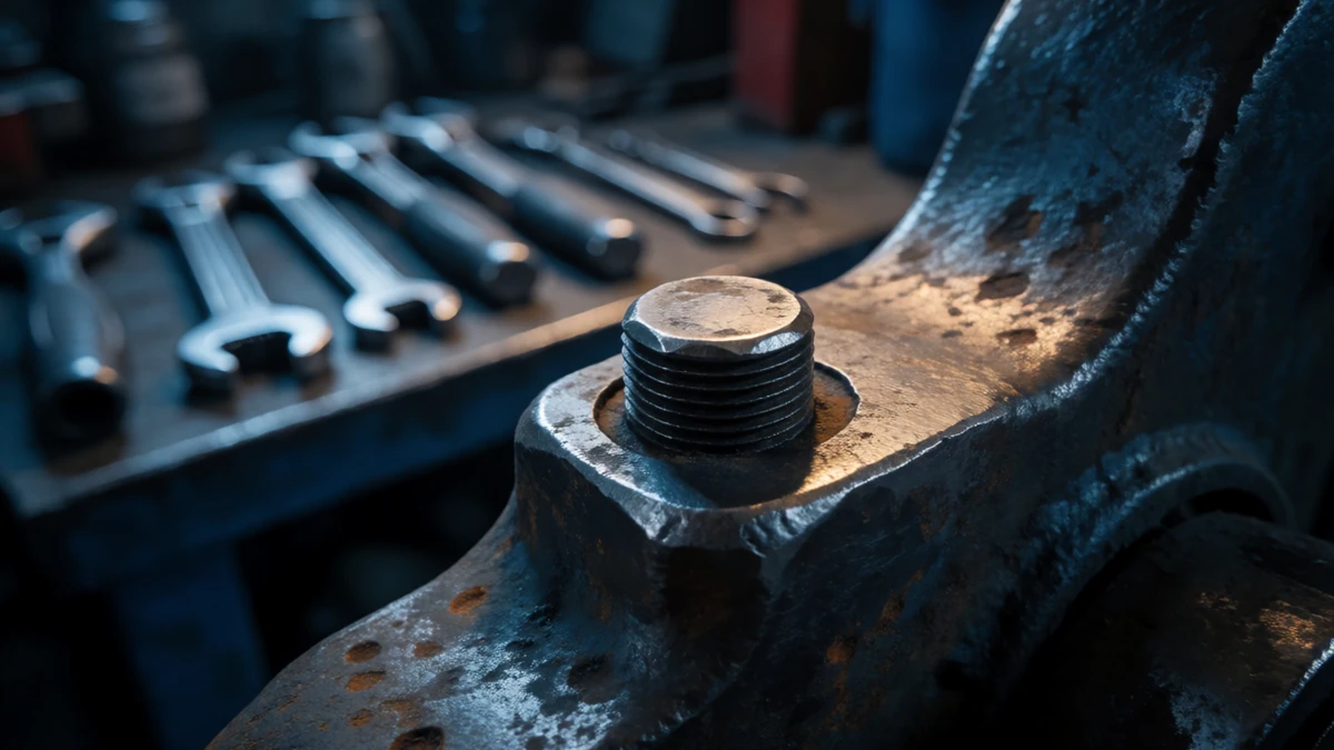 A broken shear bolt flush against equipment housing, ready for removal.