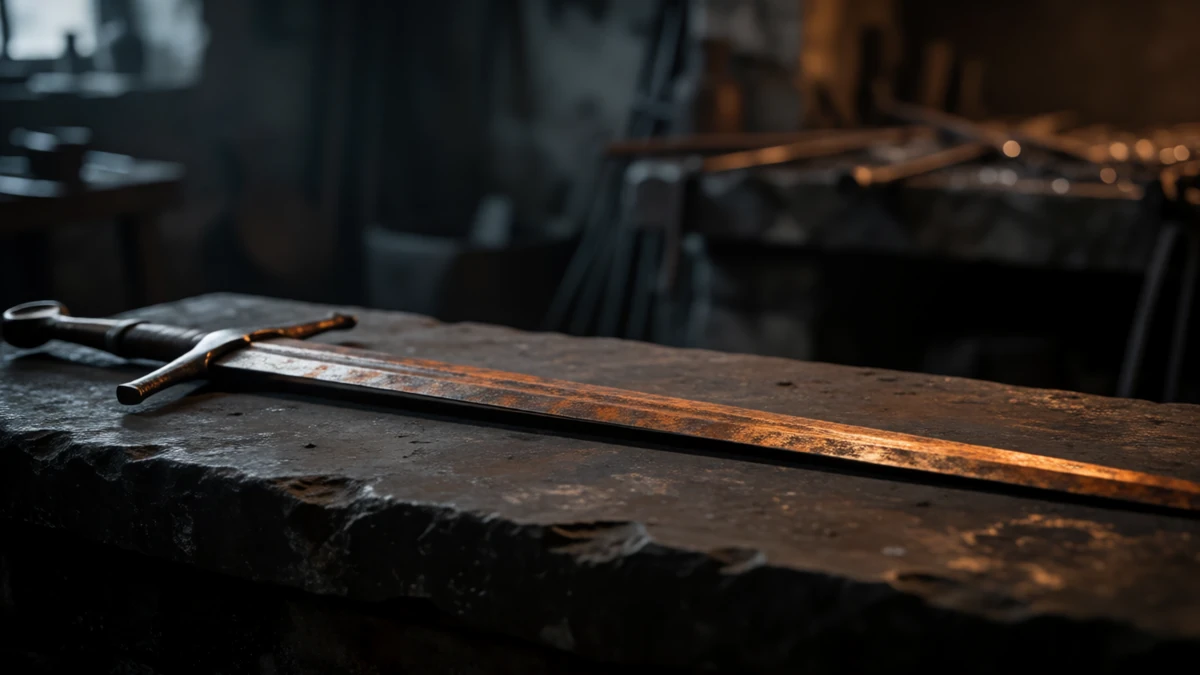 A beautifully rusted sword showing rich patina and texture.