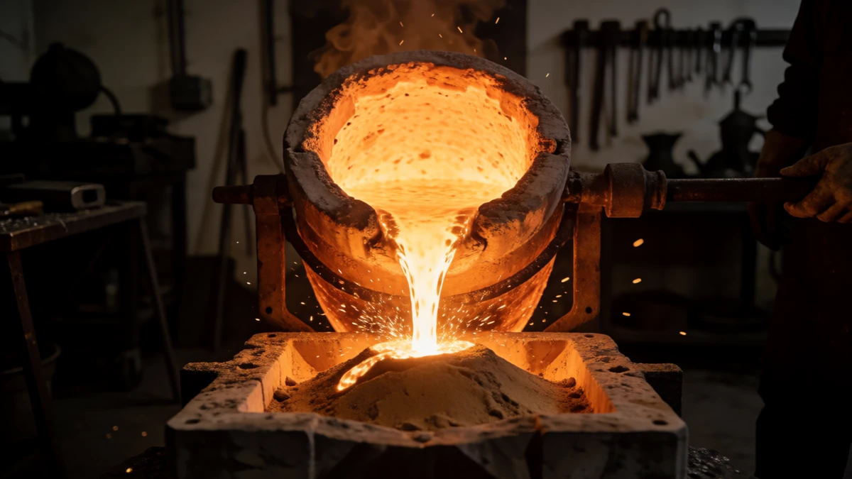 The dramatic moment of pouring molten iron into a prepared sand mold.
