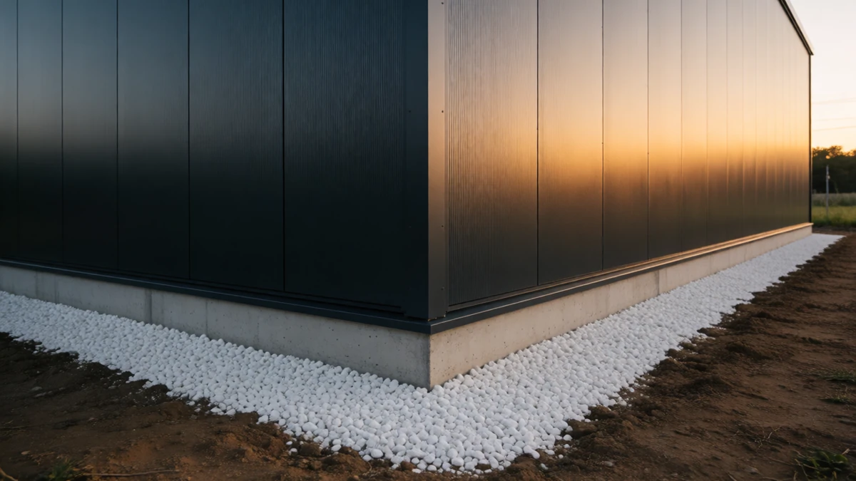 A properly sealed and protected metal building base with gravel drainage.