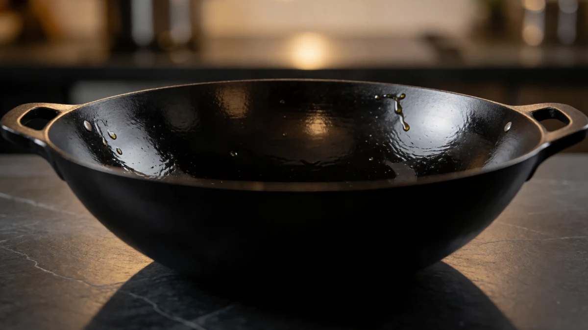 A perfectly seasoned cast iron wok with a smooth, non-stick patina.