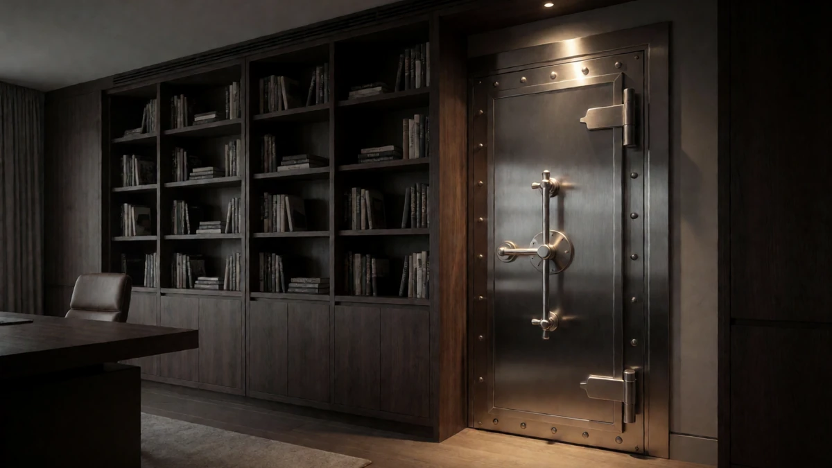 A discreetly located steel vault hidden behind a custom bookshelf.