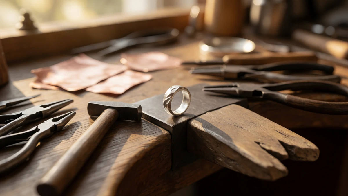 A professional jewelry-making setup with essential tools for shaping metal.