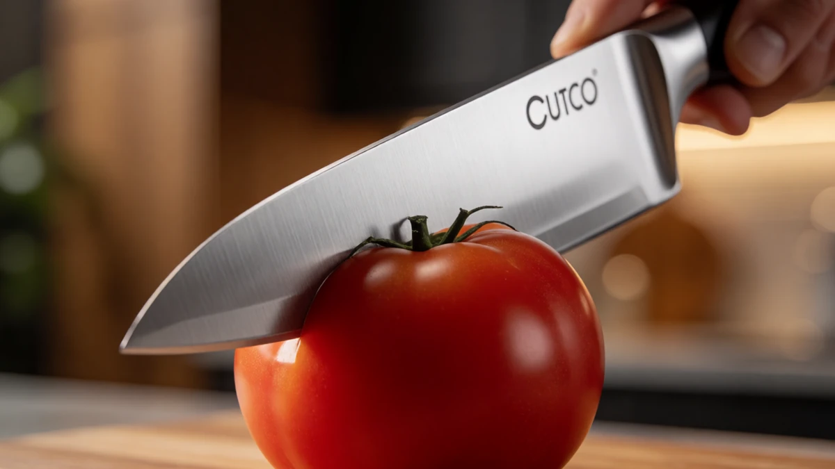 A razor-sharp Cutco knife slicing effortlessly through a tomato, demonstrating peak performance.
