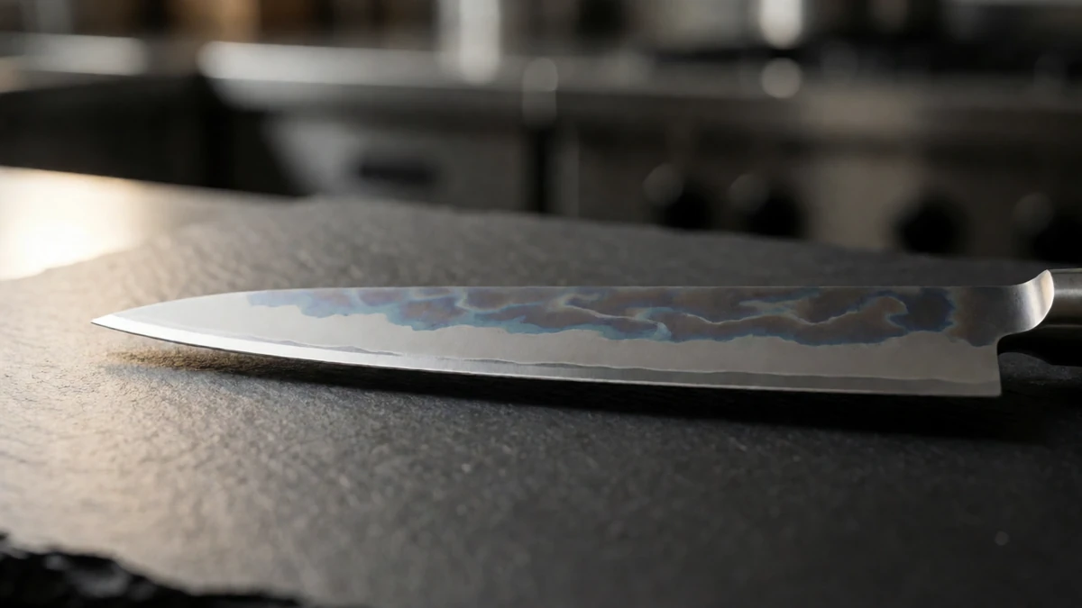 A professional carbon steel knife showing its unique patina and sharp edge.