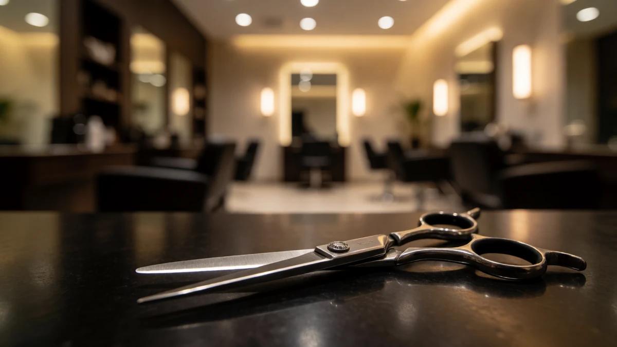 Professional hair shears reflecting light on a clean surface.