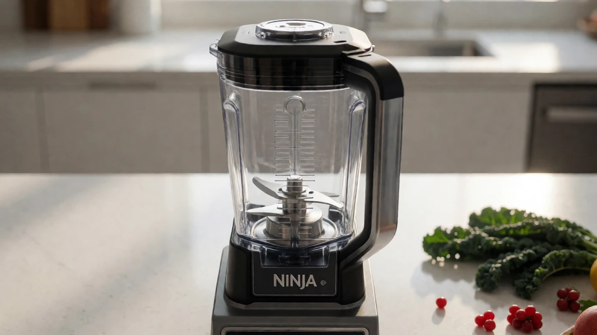 A sleek Ninja blender with sharp blades ready for use.