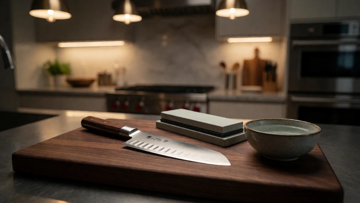 A professional Santoku knife and sharpening whetstone prepared for use.