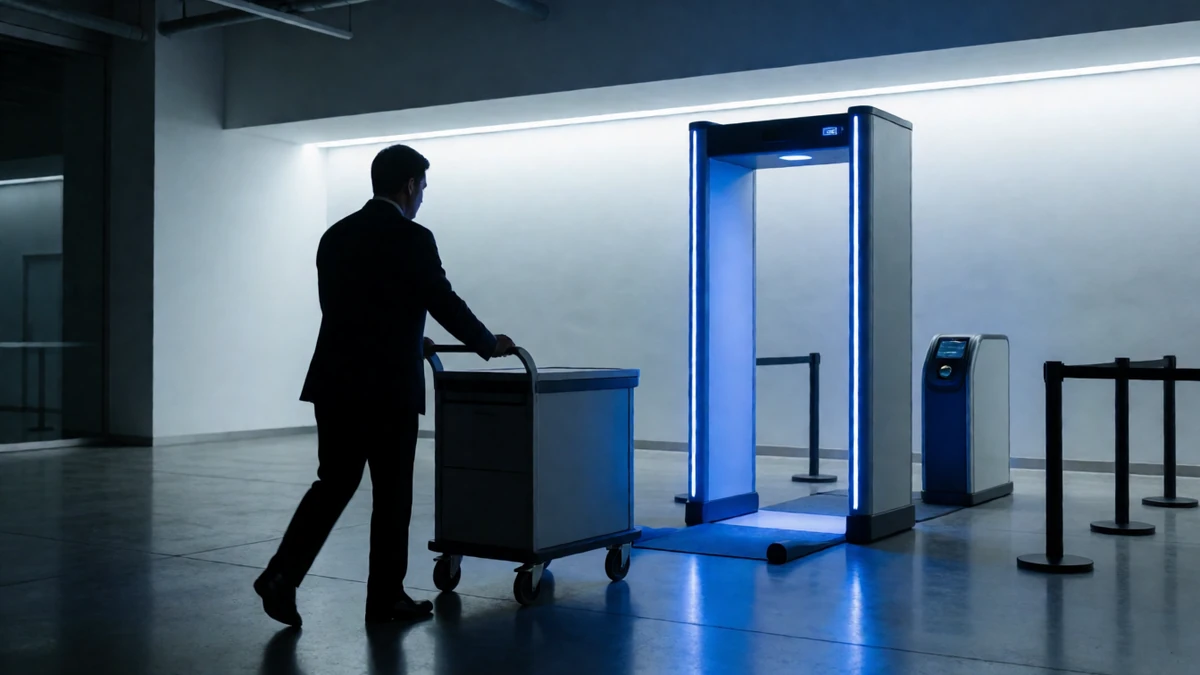 A utility cart approaching a modern security checkpoint.