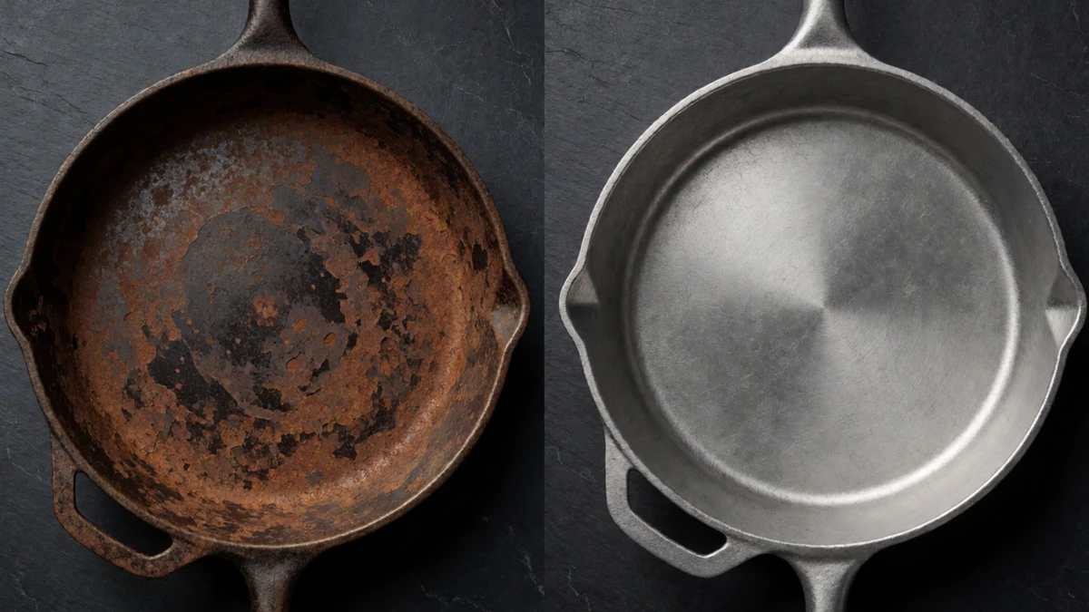 The transformation from a rusted, flaking pan to clean bare metal.
