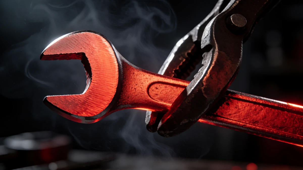 A steel part heated to its critical temperature, glowing cherry red.