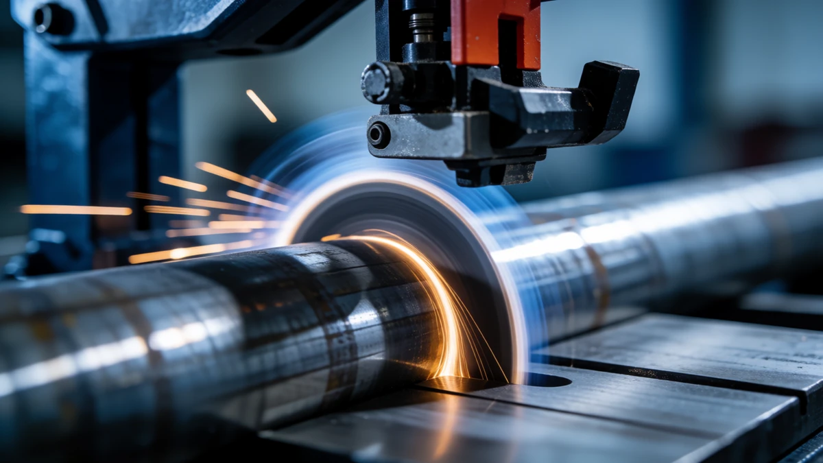 A portable band saw in action cutting through metal pipe with sparks.