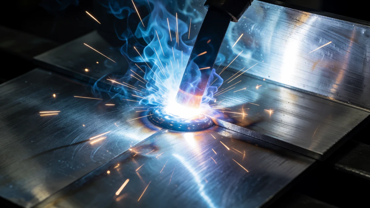 A high-intensity arc creating a molten puddle on aluminum plates.